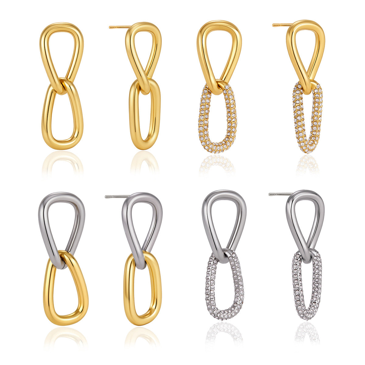 Four linked drop earring options shown from front and side