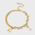 gold plated mixed-link anklet with padlock and zirconia key charms