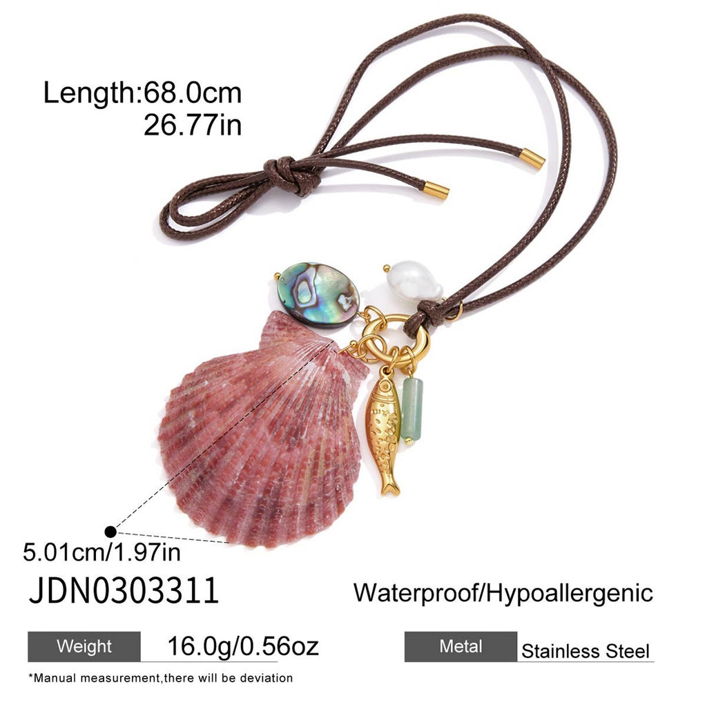 Pink shell charm cluster necklace with cord length diagram