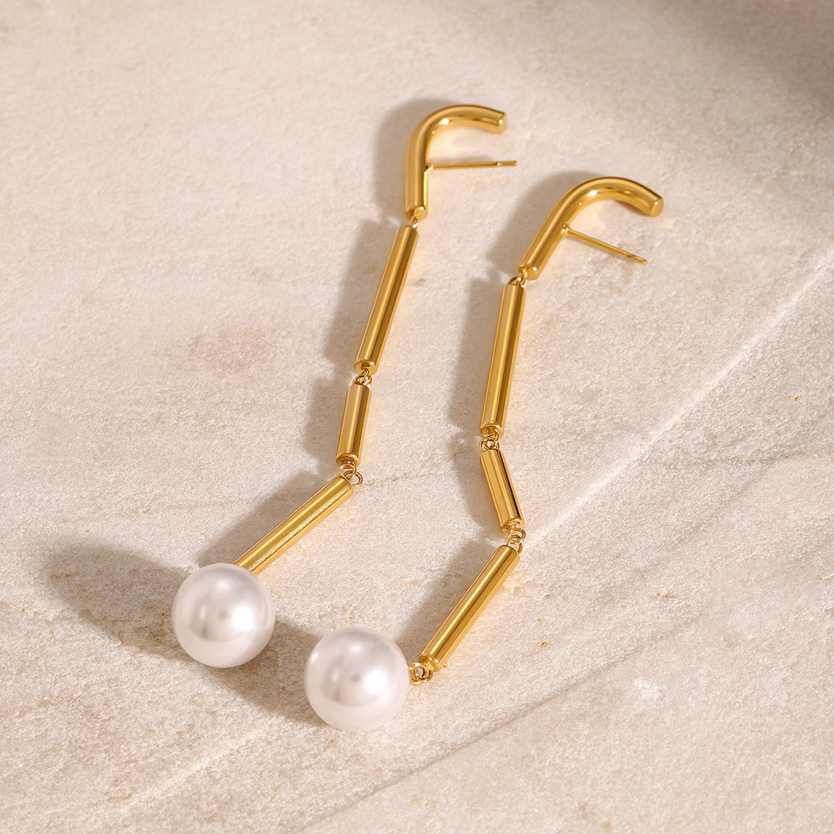 Gold-Tone Pearl-Look Linear Stainless Steel Drop Earrings styled product view