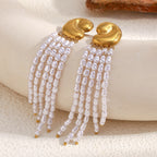 gold plated bean stud earrings with long imitation pearl tassels