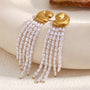 gold plated bean stud earrings with long imitation pearl tassels