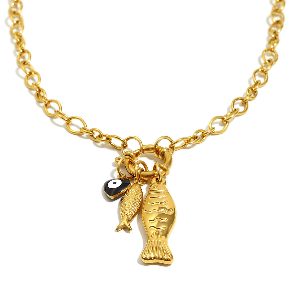 isolated front view of the rounded link fish charm necklace