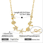 Sea-creature necklace with clear accent stones and length diagram