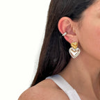 Stainless Steel Double Heart Stud Earrings in Three Finishes on-model view