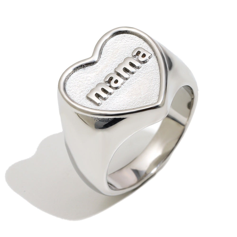 isolated silver-finish stainless steel mama heart signet ring