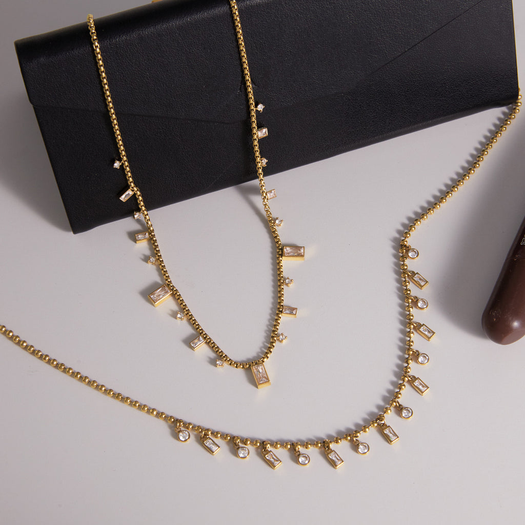Clear Stone Charm Stainless Steel Necklace Collection — four-design assortment