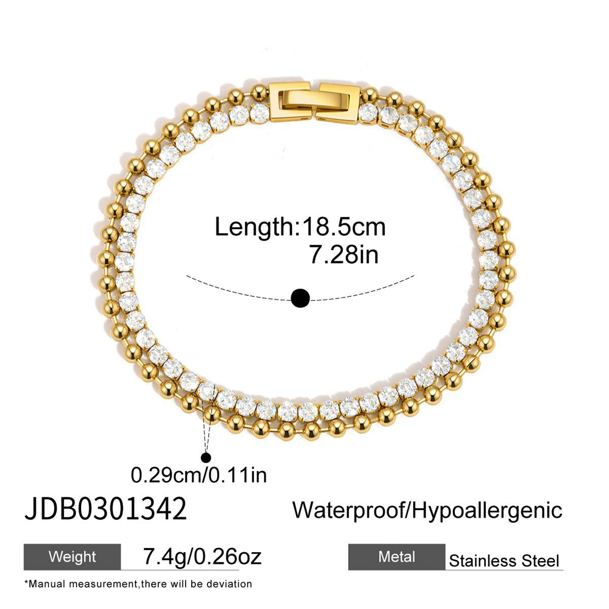 Stainless steel double-row bracelet length and clasp diagram