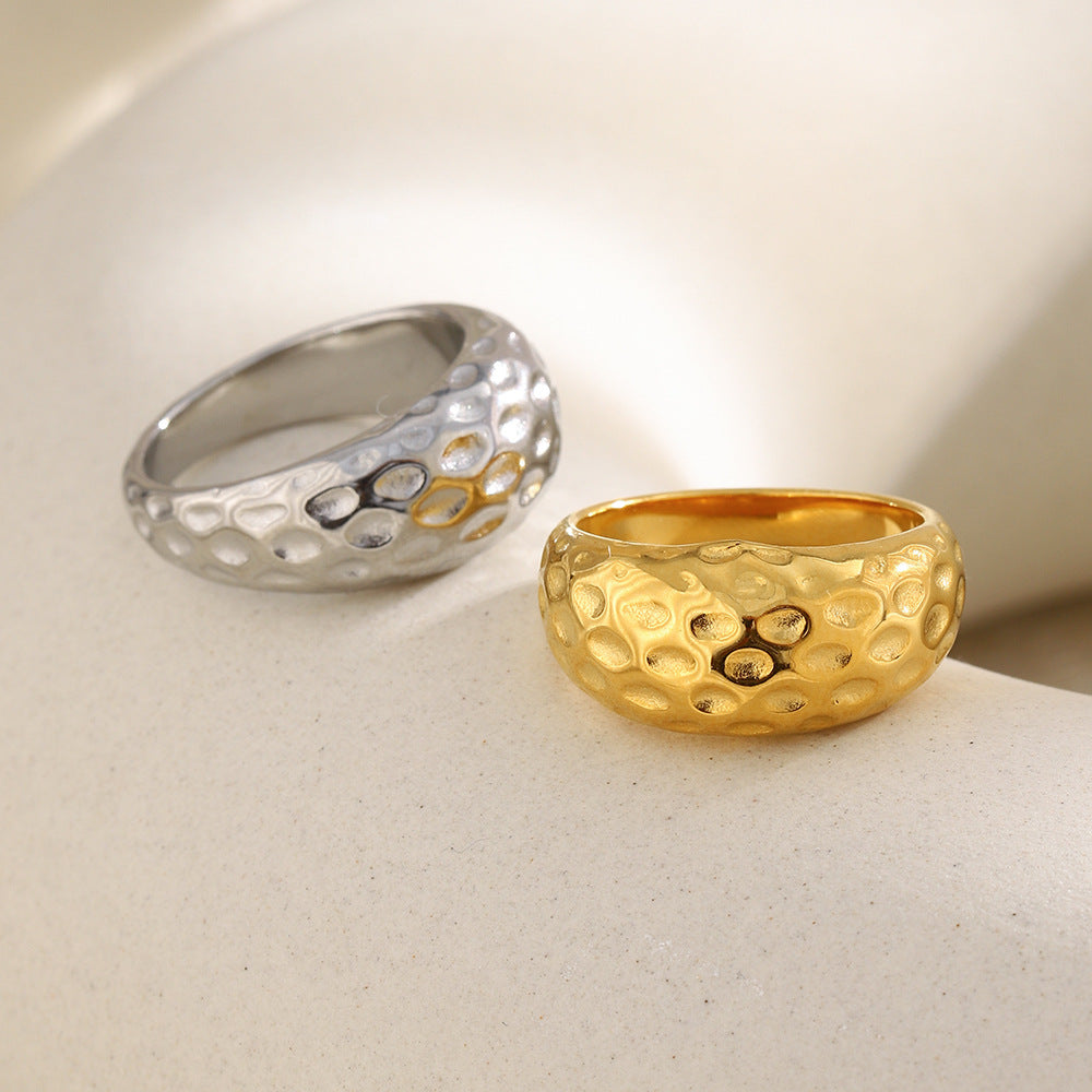 gold plated and silver-finish hammered stainless steel dome rings