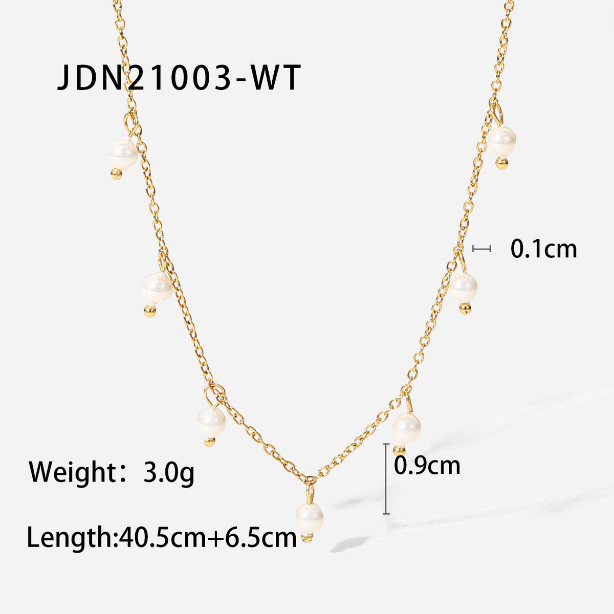 pearl-style station necklace specification image with supplier-listed length and weight