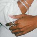 Silver-tone rings worn with matching color bracelets