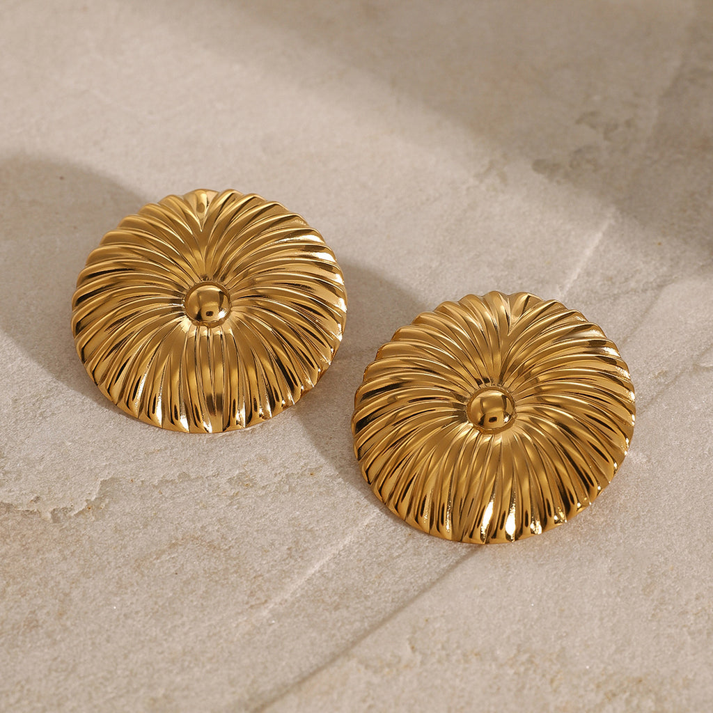 Gold Plated Ribbed Round Stainless Steel Statement Stud Earrings – product view 2