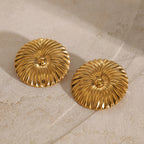 Gold Plated Ribbed Round Stainless Steel Statement Stud Earrings – product view 2