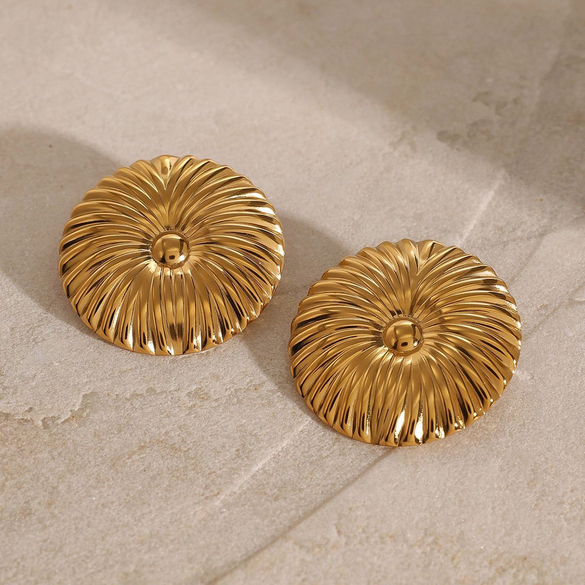 Gold Plated Ribbed Round Stainless Steel Statement Stud Earrings – product view 2