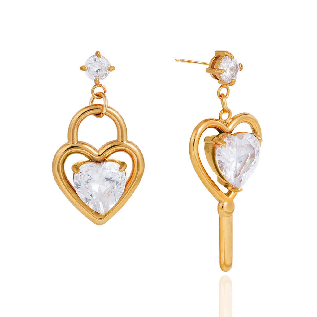front and side views of gold plated open-heart drop earrings