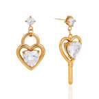 front and side views of gold plated open-heart drop earrings