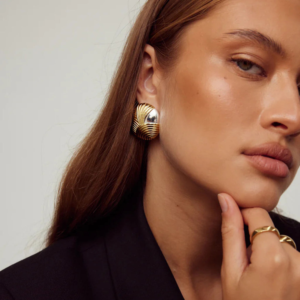 Ribbed Dome Stainless Steel Stud Earrings in Three Finishes – product view 1