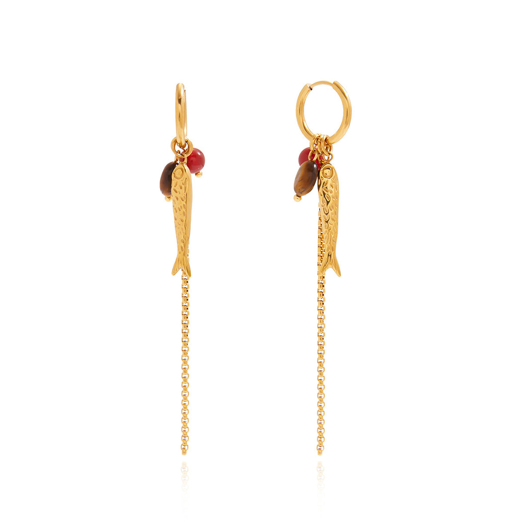 pair of fish charm earrings with red and brown beads