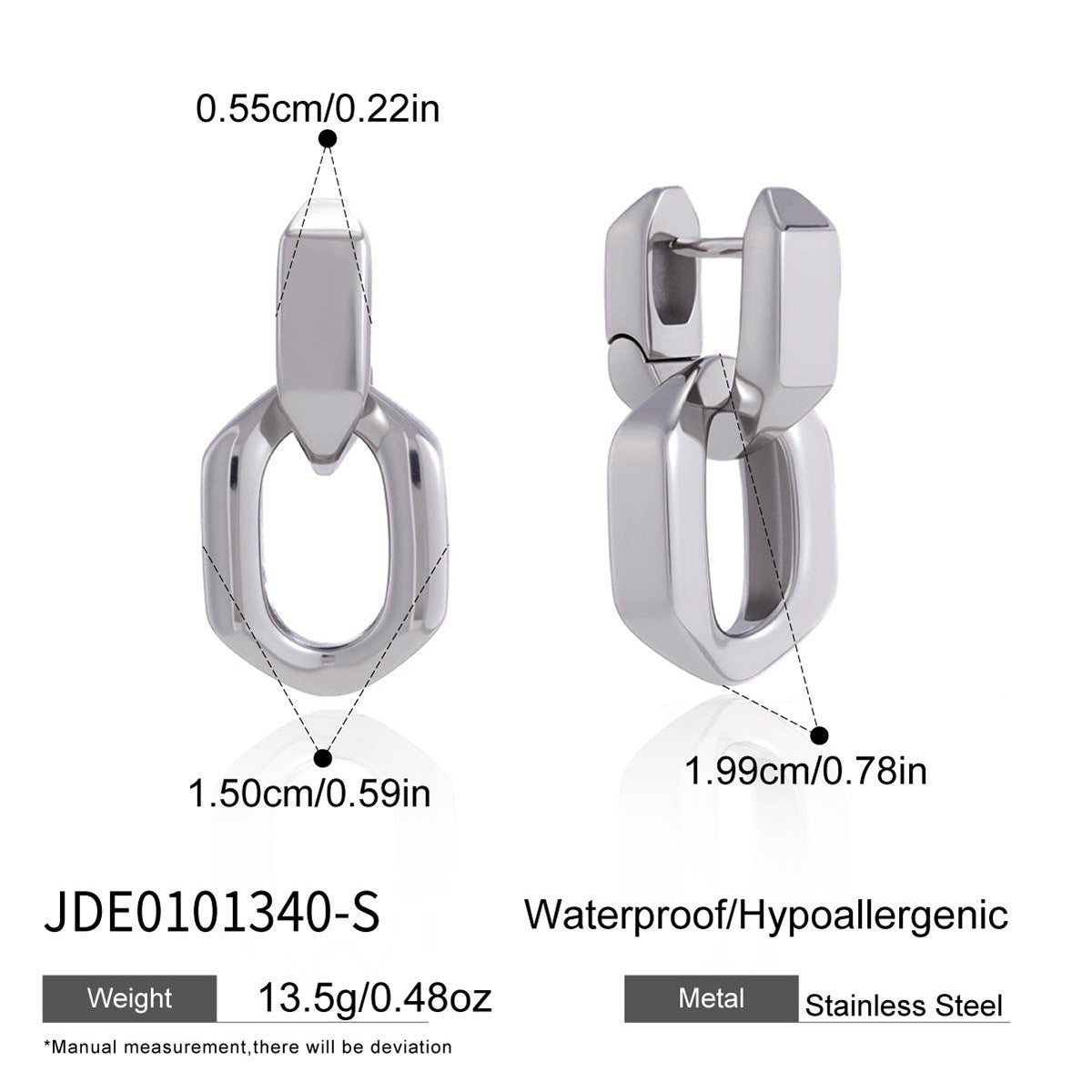 Silver tone oval link earring fastening detail