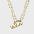 gold plated paperclip necklace with zirconia bar and round toggle