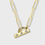 gold plated paperclip necklace with zirconia bar and round toggle