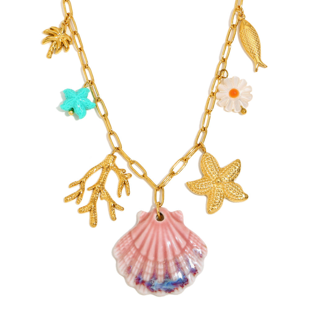 Gold Plated Stainless Steel Coastal Charm Link Necklace — oval-link chain detail