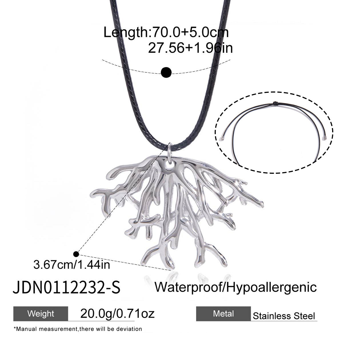 Steel color coral pendant with measurements