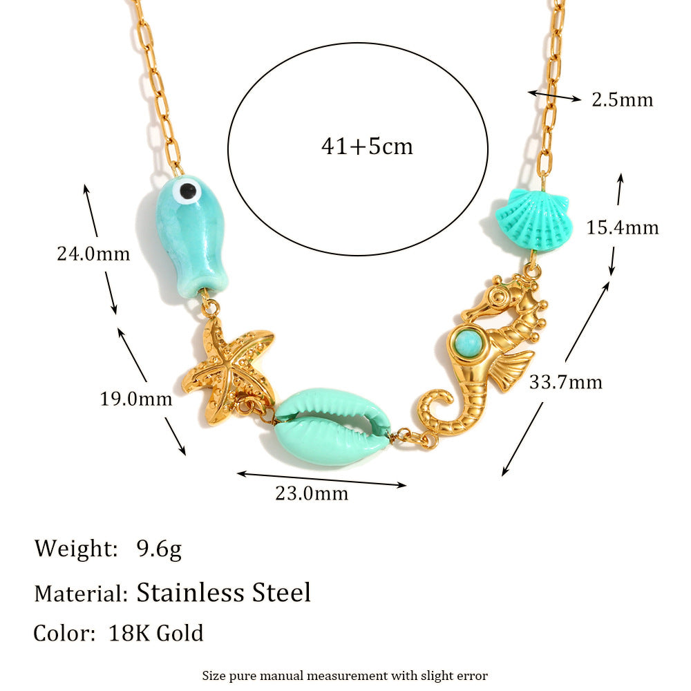 Ocean charm necklace dimensions and stainless steel material detail