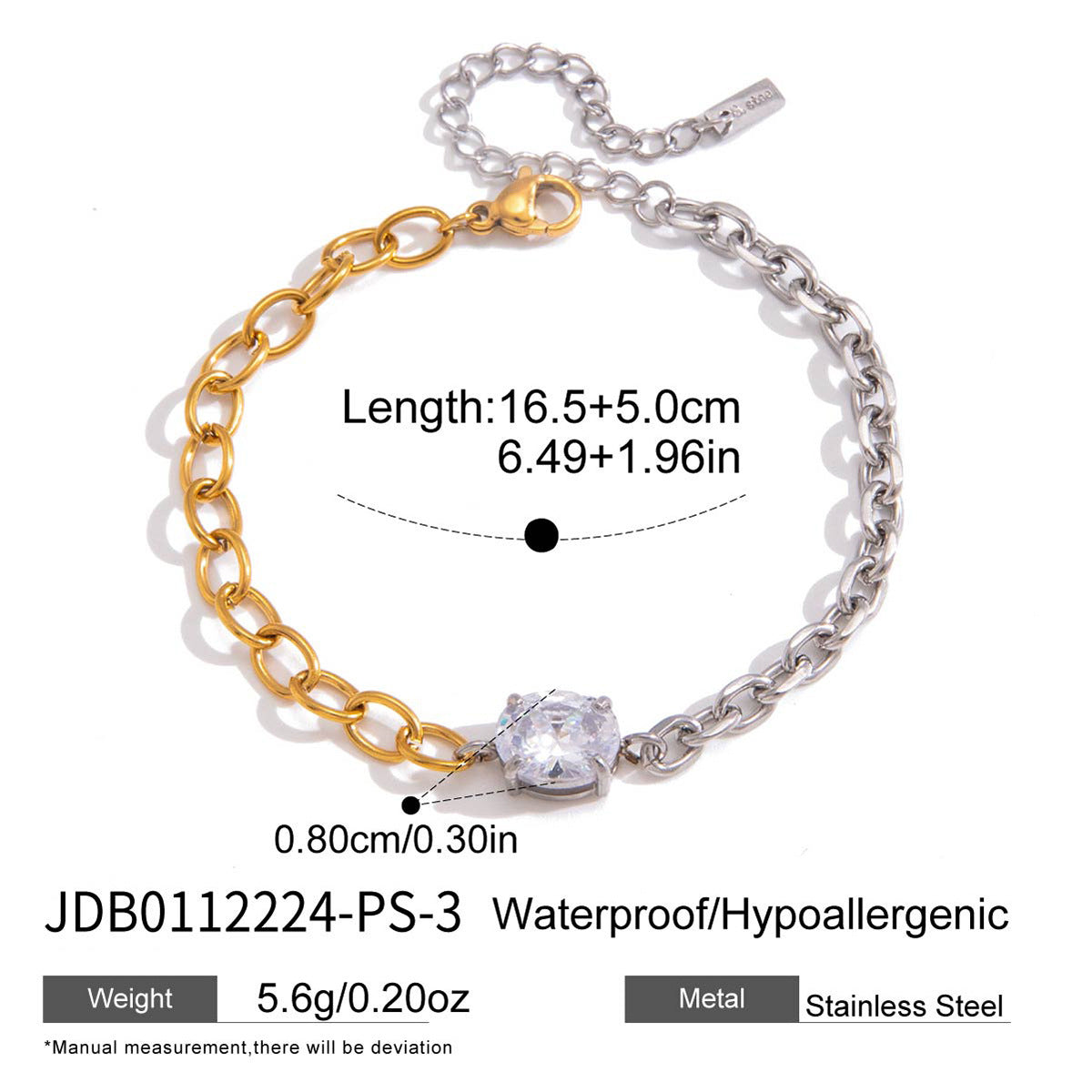 Square clear stone bracelet with contrasting chains