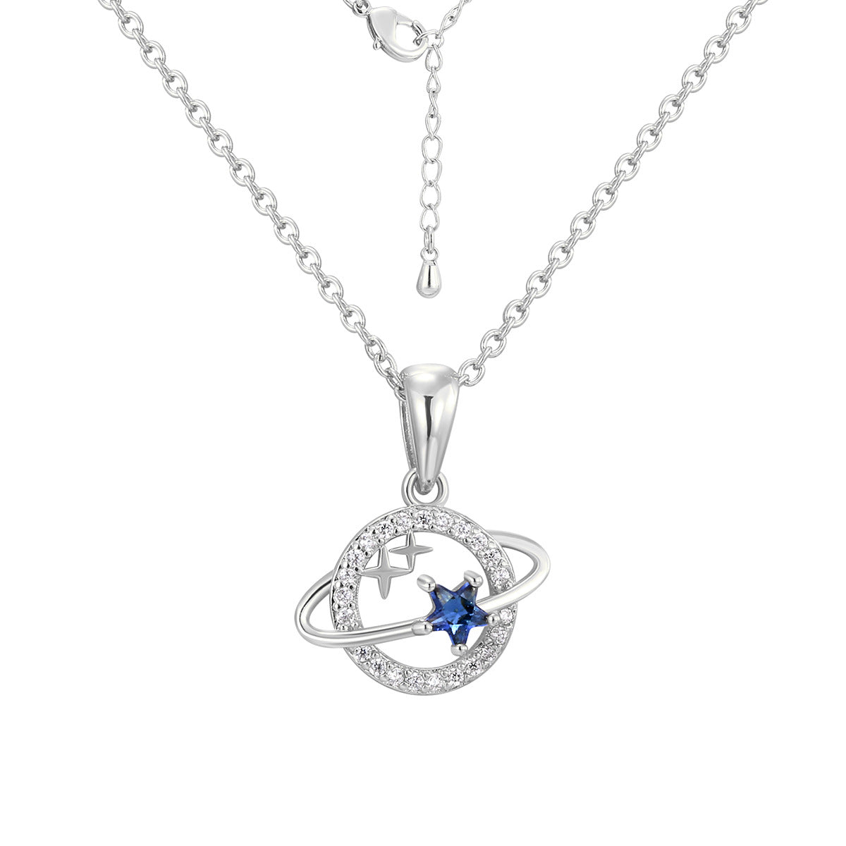 isolated silver-finish brass planet pendant necklace