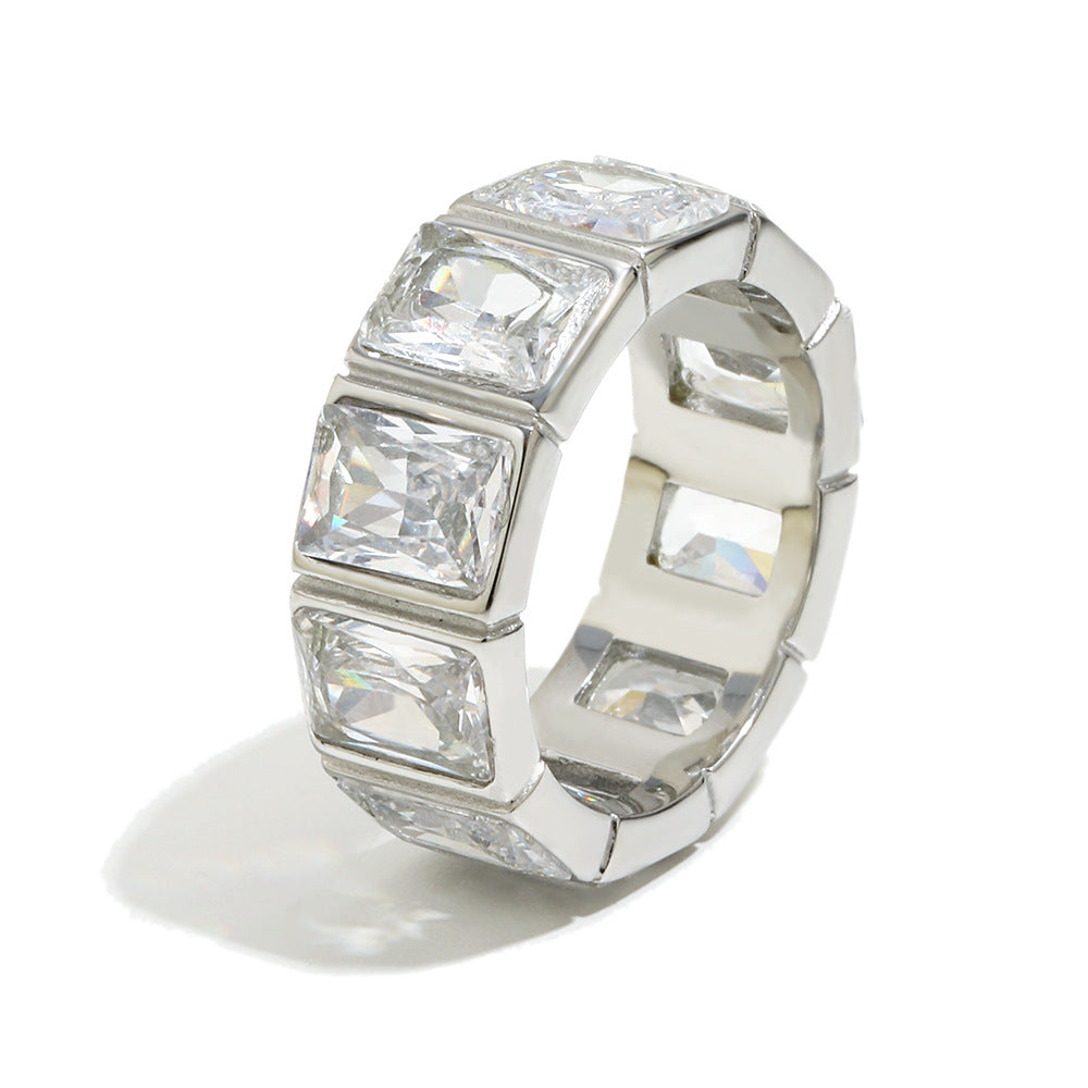 silver-finish stainless steel square clear stone eternity ring