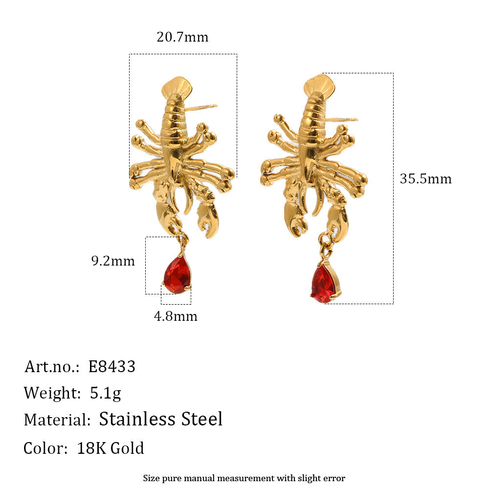 Red teardrop lobster earrings specification view