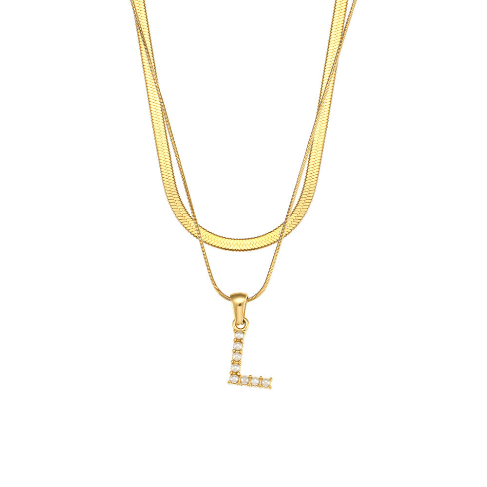 Imitation pearl letter L pendant on layered stainless steel chains
