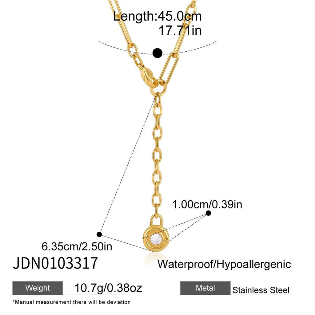 Round clear stone lariat necklace length and front drop measurements