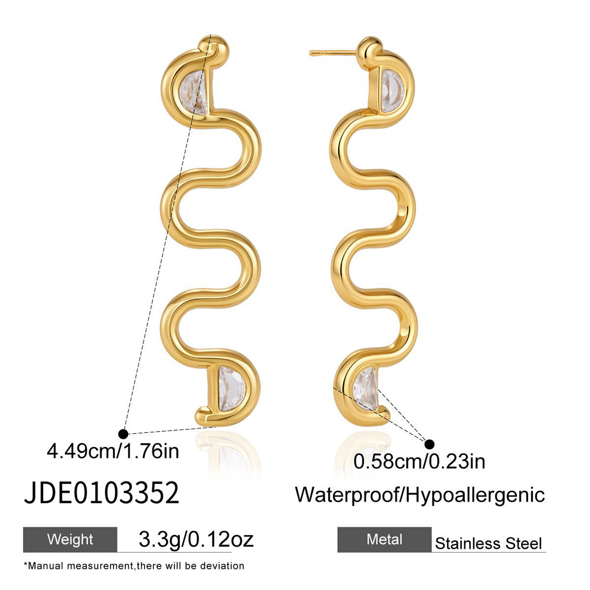 Serpentine wave earring dimensions and material chart