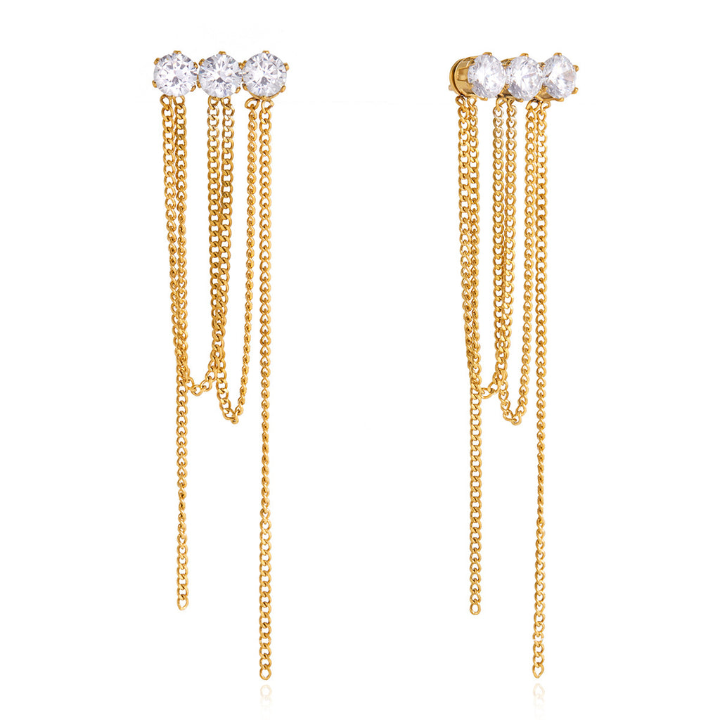 isolated triple-stone tassel earrings with cascading chains