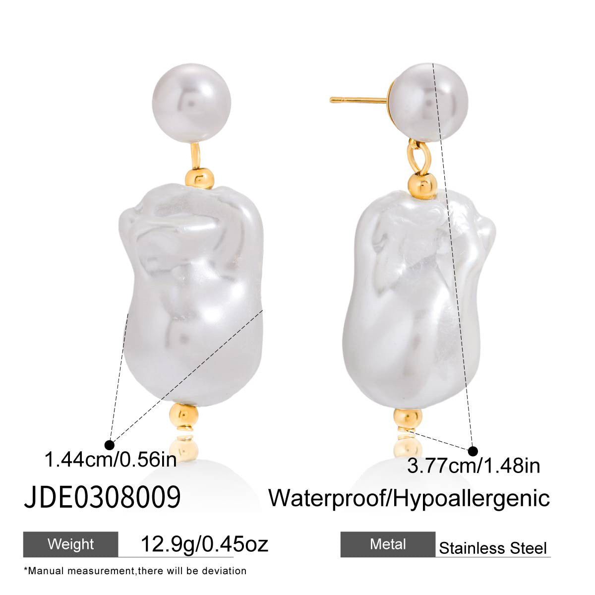Wholesale Gold-Tone Stainless Steel Imitation Baroque Pearl Drop Earrings - finish detail
