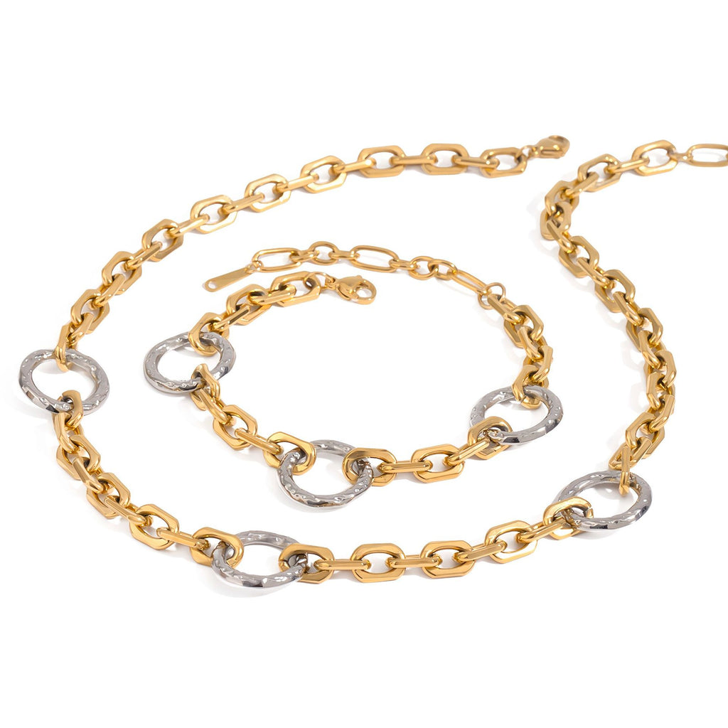 Front view of two-tone CZ stainless steel necklace and bracelet