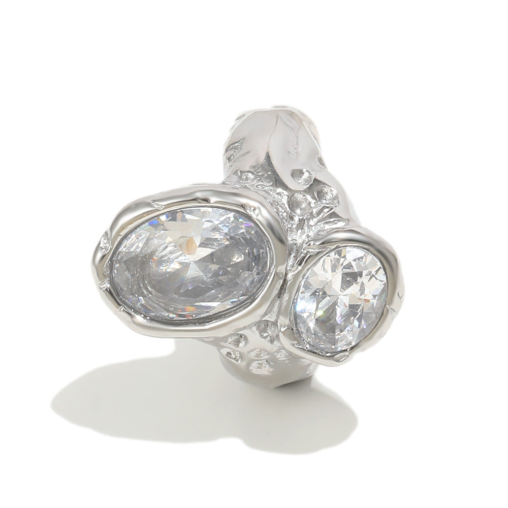 silver-finish statement ring with oval and round clear stones