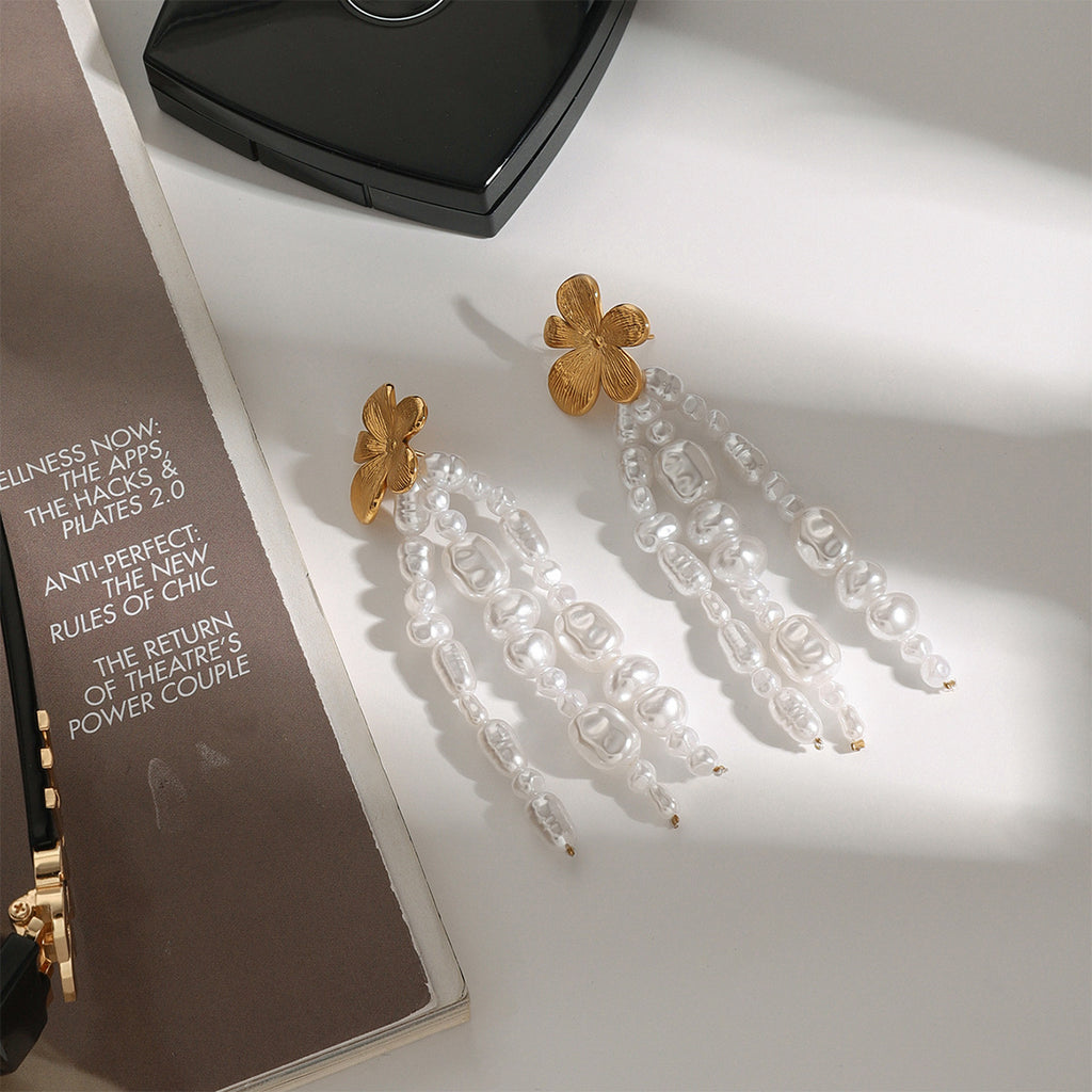 Gold-Tone Pearl-Look Floral Tassel Stainless Steel Earrings styled product view