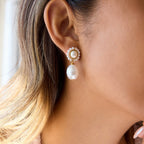 Gold-Tone Pearl-Look Stainless Steel Drop Earrings shown on model