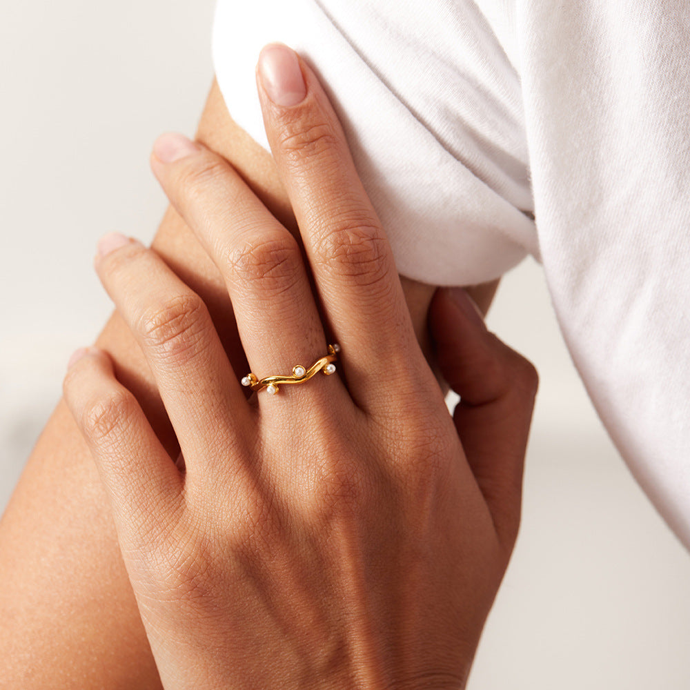 Gold Plated Stainless Steel Wavy Pearl Accent Open Ring — front view