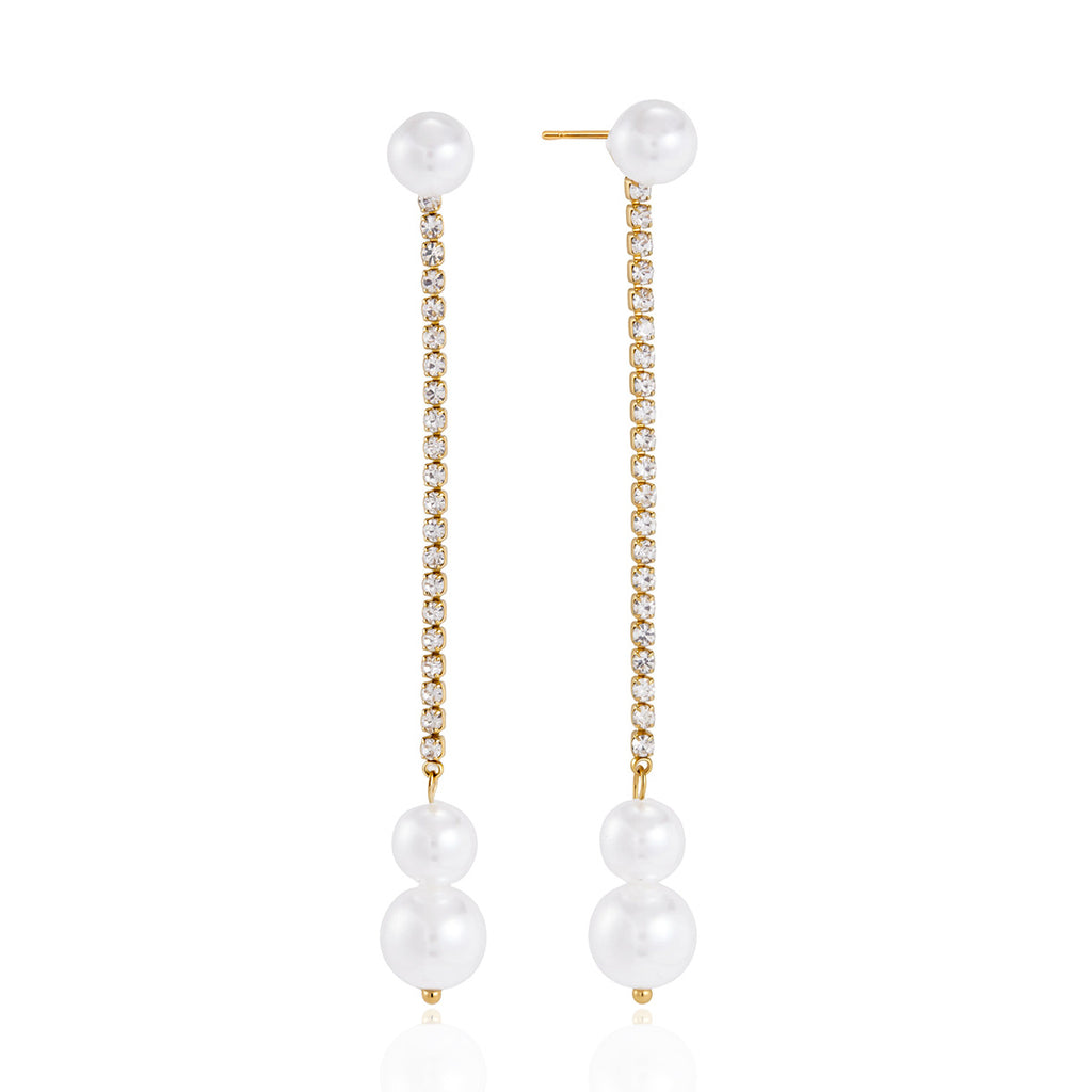Front view of long earrings with clear stones and white glass pearls