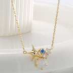 angled view of star necklace with blue clear and white accents