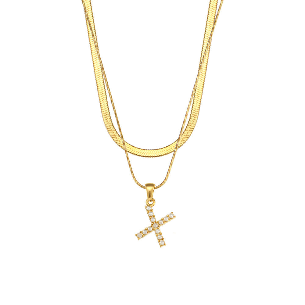 Imitation pearl letter X pendant on layered stainless steel chains