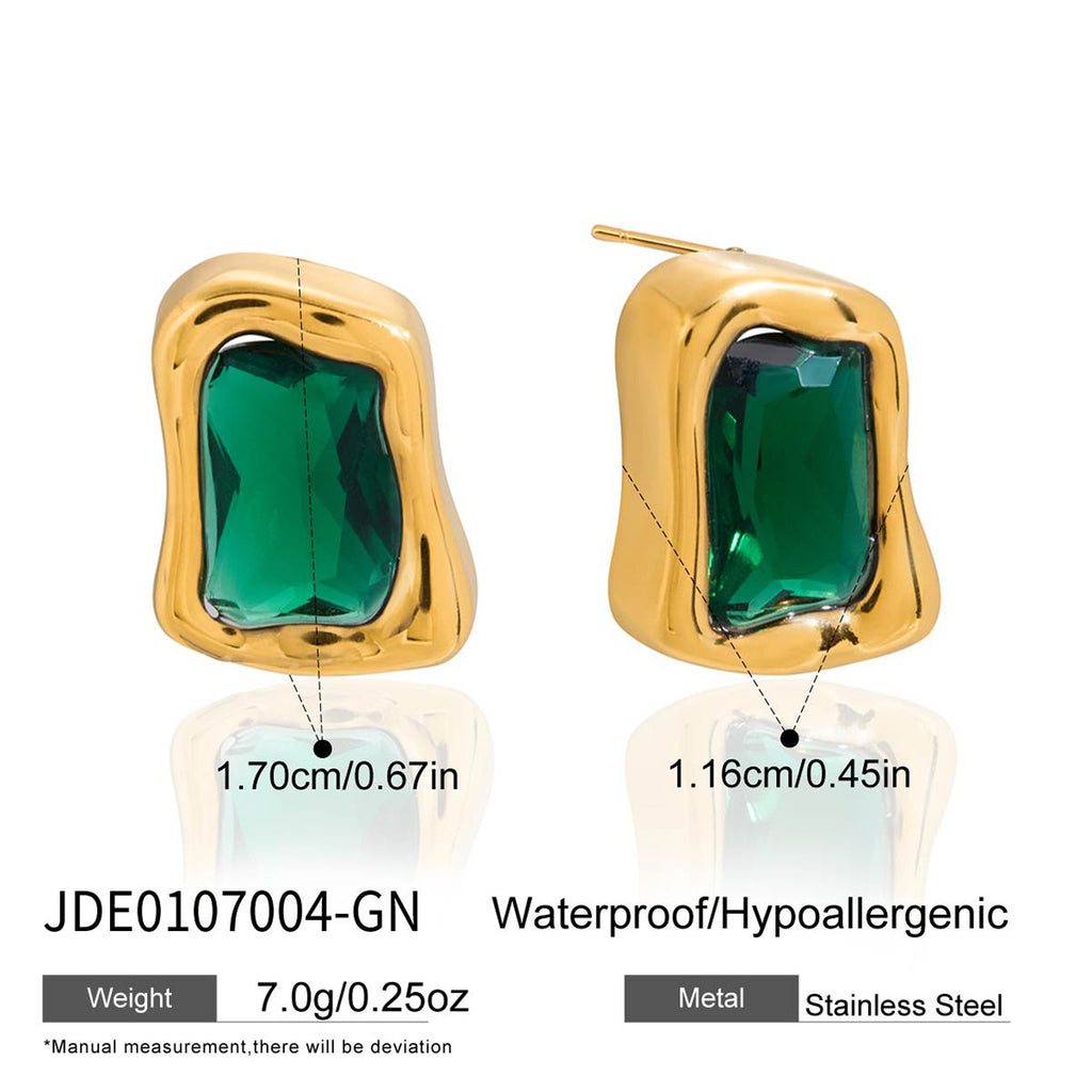 Rectangular green accent stainless steel stud earrings