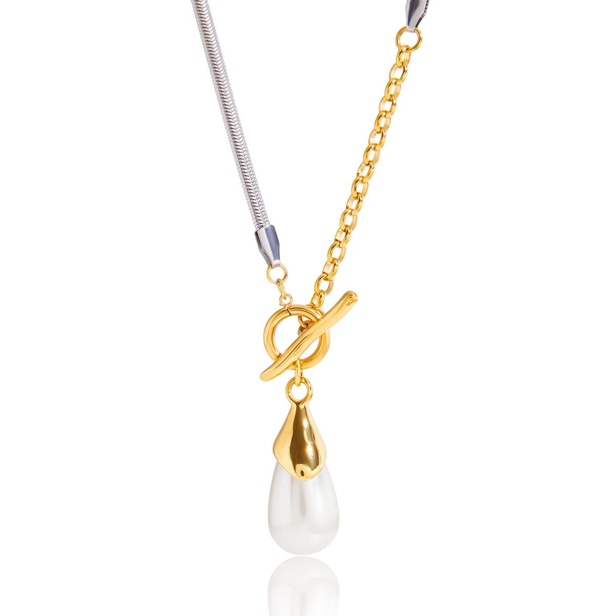 Close-up of the toggle and capped white pearl-look drop
