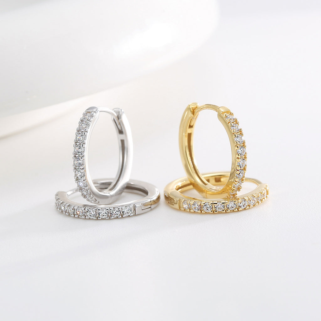 925 Sterling Silver Pavé Zirconia Huggie Hoop Earrings — both finishes with pave fronts