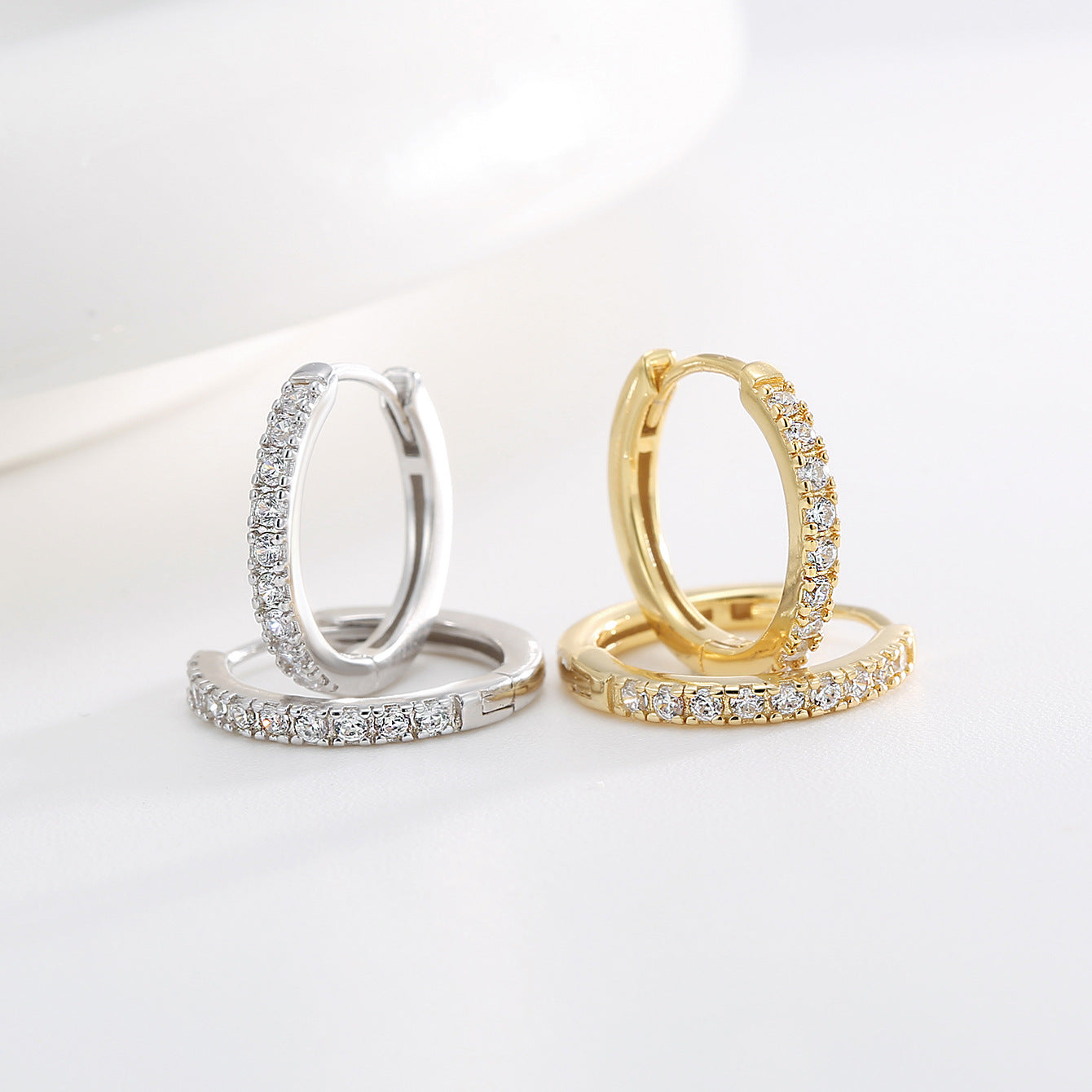925 Sterling Silver Pavé Zirconia Huggie Hoop Earrings — both finishes with pave fronts