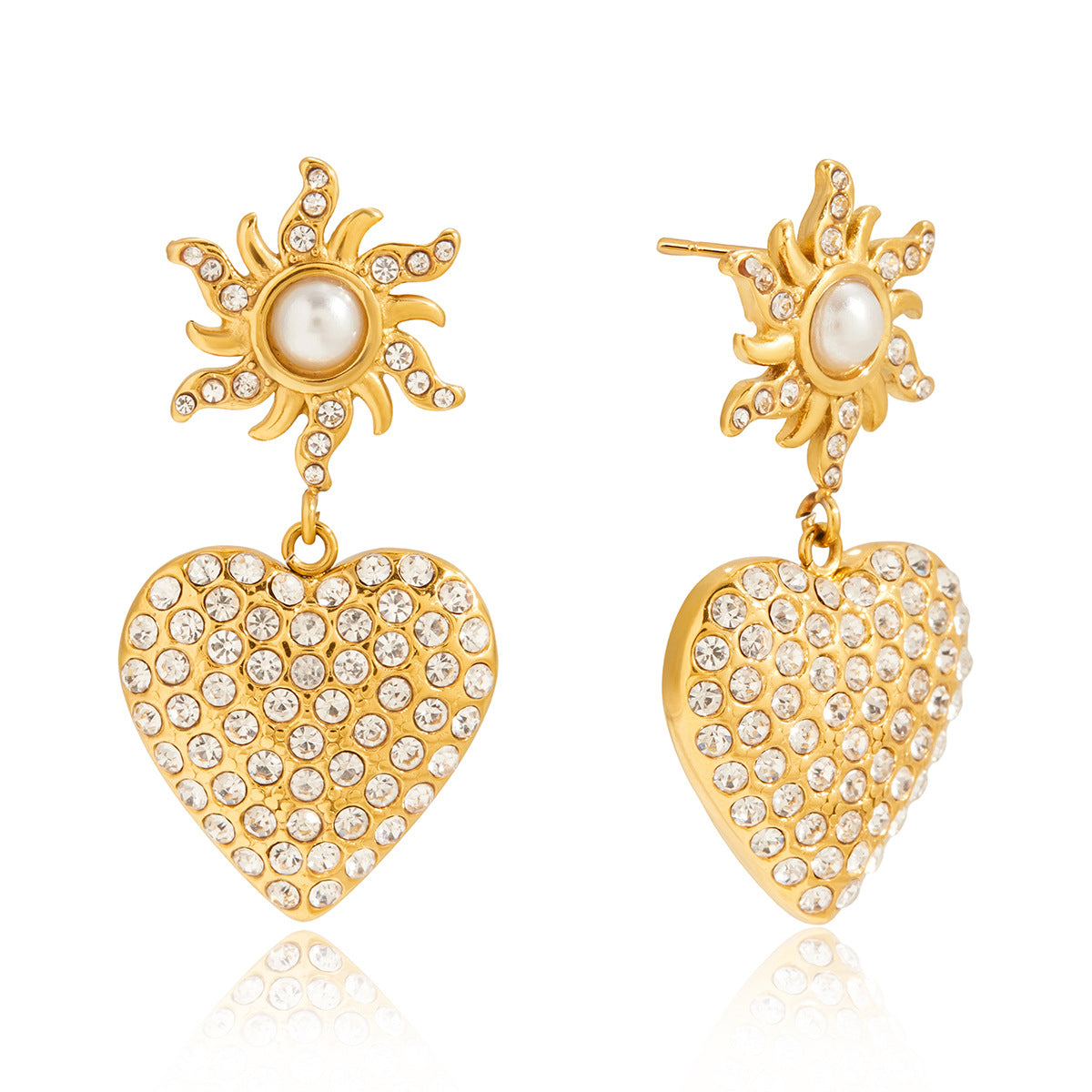 Front view of gold-tone heart drop earrings with white bead